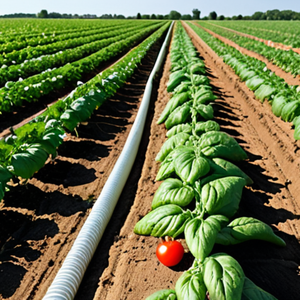 **Image Prompt:** A lush vegetable garden in Brandenburg, Germany, utilizing drip irrigation. Focus on the close-up of water droplets directly nourishing the roots of tomato plants. The background shows a vast field under a clear, sunny sky. The overall feeling is one of water conservation and efficient farming.