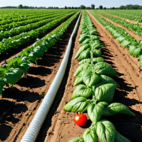 Home 19 **Image Prompt:** A lush vegetable garden in Brandenburg, Germany, utilizing drip irrigation. Focus on the close-up of water droplets directly nourishing the roots of tomato plants. The background shows a vast field under a clear, sunny sky. The overall feeling is one of water conservation and efficient farming.