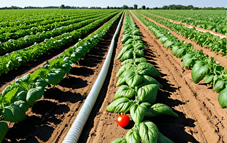 **Image Prompt:** A lush vegetable garden in Brandenburg, Germany, utilizing drip irrigation. Focus on the close-up of water droplets directly nourishing the roots of tomato plants. The background shows a vast field under a clear, sunny sky. The overall feeling is one of water conservation and efficient farming.