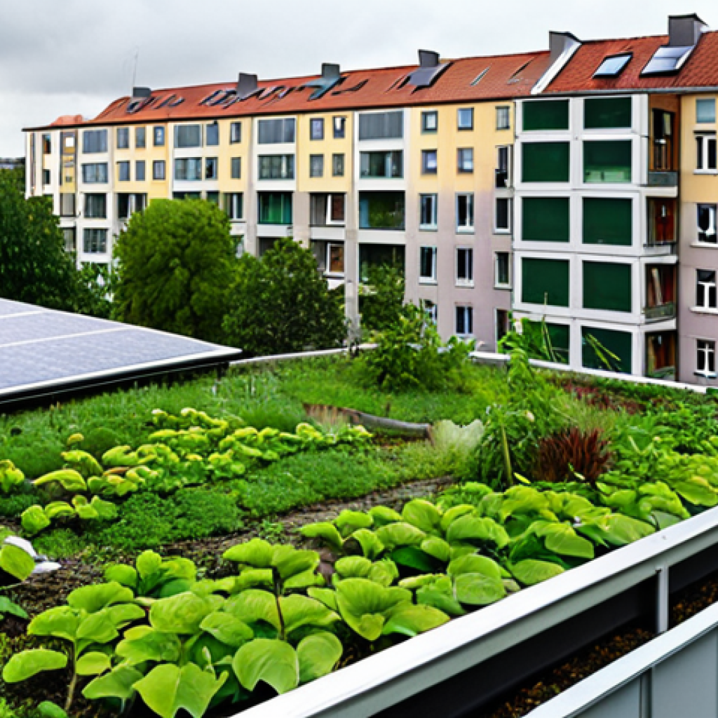 **
A vibrant green roof in a densely populated German city (e.g., Berlin, Munich), showcasing diverse vegetation. Rainwater is visibly being absorbed by the plants. In the background, modern apartment buildings are visible, with solar panels on some roofs. The sky is slightly overcast, suggesting a recent rain. Focus on demonstrating the ecological benefits and aesthetic integration of green infrastructure in an urban setting.
**