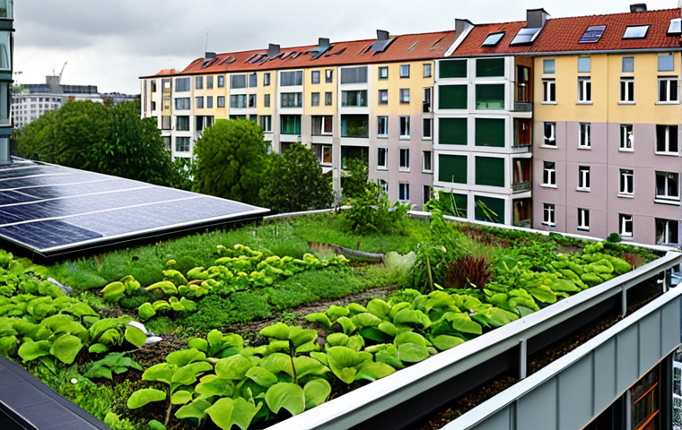 **
A vibrant green roof in a densely populated German city (e.g., Berlin, Munich), showcasing diverse vegetation. Rainwater is visibly being absorbed by the plants. In the background, modern apartment buildings are visible, with solar panels on some roofs. The sky is slightly overcast, suggesting a recent rain. Focus on demonstrating the ecological benefits and aesthetic integration of green infrastructure in an urban setting.
**