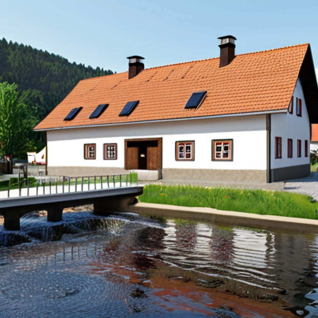 **Image Prompt:** Picturesque German village with a modern, small-scale water treatment plant on the outskirts. Show clean water flowing into homes, improving the residents' quality of life. Focus on a hopeful, community-driven atmosphere. Include traditional Fachwerk architecture with a modern, eco-friendly water solution integrated seamlessly.