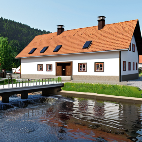 Home 17 **Image Prompt:** Picturesque German village with a modern, small-scale water treatment plant on the outskirts. Show clean water flowing into homes, improving the residents' quality of life. Focus on a hopeful, community-driven atmosphere. Include traditional Fachwerk architecture with a modern, eco-friendly water solution integrated seamlessly.