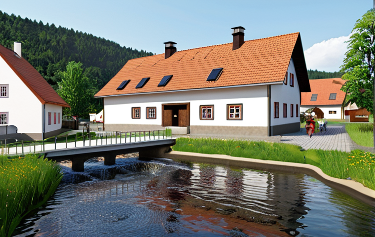 **Image Prompt:** Picturesque German village with a modern, small-scale water treatment plant on the outskirts. Show clean water flowing into homes, improving the residents' quality of life. Focus on a hopeful, community-driven atmosphere. Include traditional Fachwerk architecture with a modern, eco-friendly water solution integrated seamlessly.