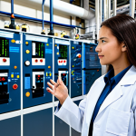 A professional female water engineer in a modest, professional lab coat, standing confidently amidst the intricate network of pipes and advanced machinery within a state-of-the-art water treatment facility. Digital control panels glow softly in the background, displaying complex data related to water purification and recycling. The environment is impeccably clean, representing the cutting-edge of water technology and innovation. Perfect anatomy, correct proportions, natural pose, well-formed hands, proper finger count, natural body proportions, professional photography, high quality, safe for work, appropriate content, fully clothed, professional dress.