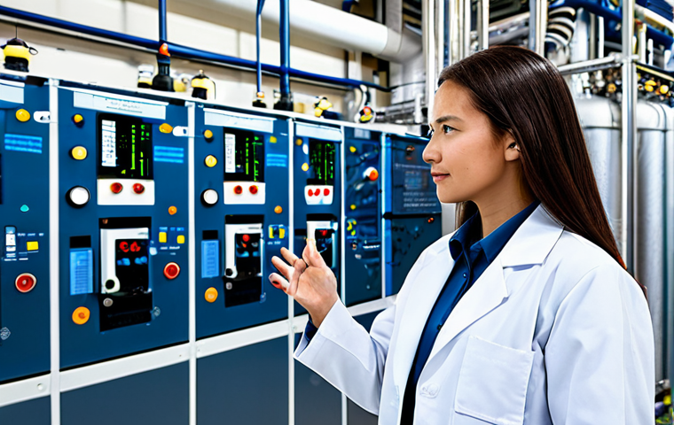 A professional female water engineer in a modest, professional lab coat, standing confidently amidst the intricate network of pipes and advanced machinery within a state-of-the-art water treatment facility. Digital control panels glow softly in the background, displaying complex data related to water purification and recycling. The environment is impeccably clean, representing the cutting-edge of water technology and innovation. Perfect anatomy, correct proportions, natural pose, well-formed hands, proper finger count, natural body proportions, professional photography, high quality, safe for work, appropriate content, fully clothed, professional dress.