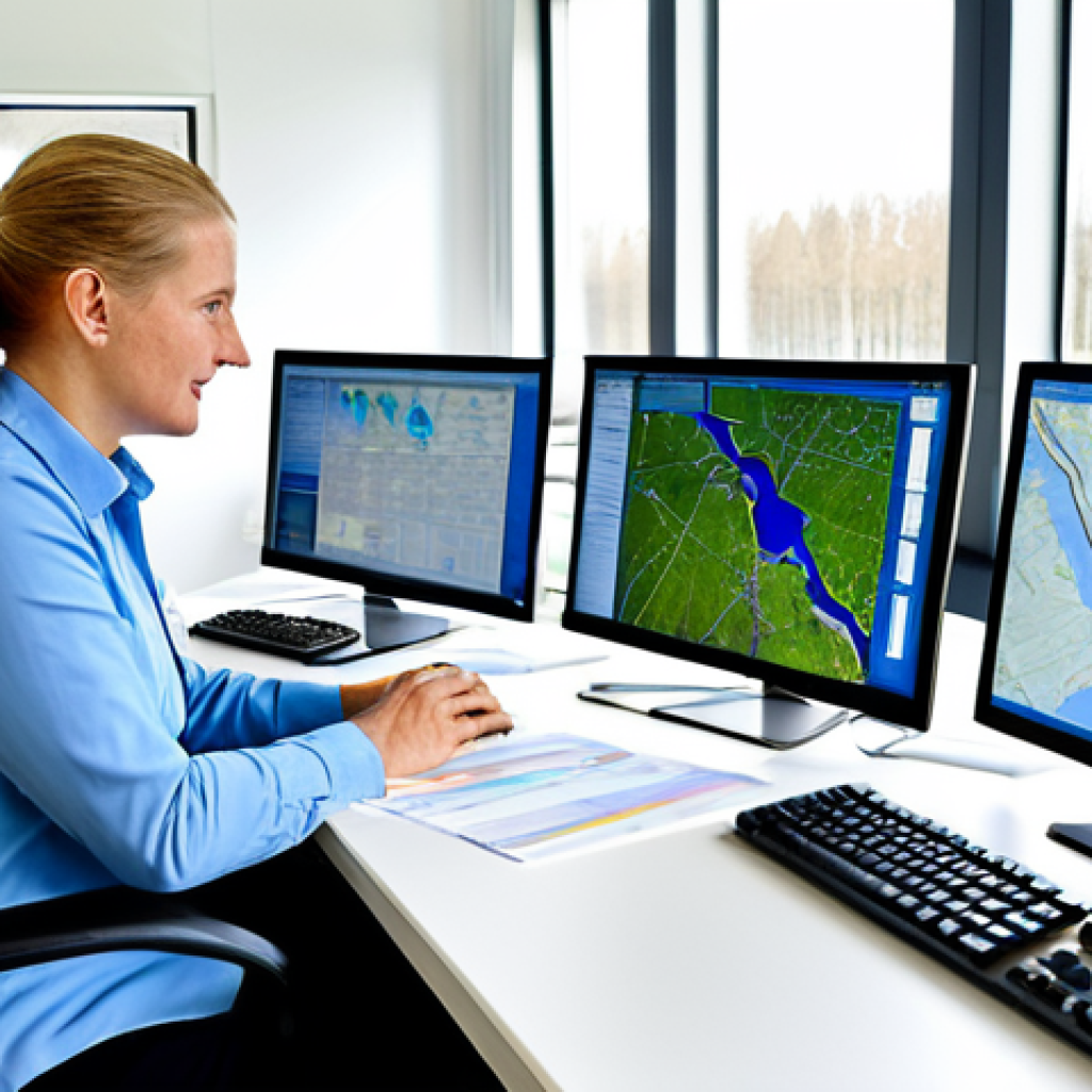 Modern Water Management Office**

"A bright and modern German Wasserwirtschaftsamt (water management office), showcasing professionals in modest business attire working at computers. The office is clean and organized, with visible displays of water quality data and maps of local waterways. Sunlight streams through large windows. Focus on the technology and the dedicated professionals. Safe for work, appropriate content, fully clothed, perfect anatomy, correct proportions, professional setting, high quality."

**