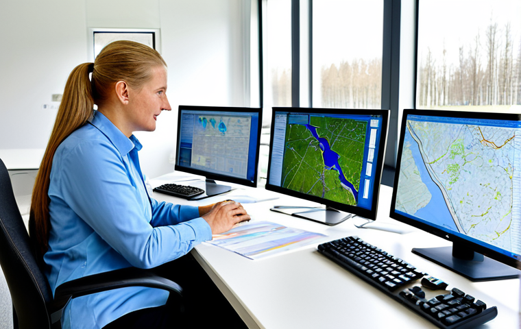 Modern Water Management Office**
"A bright and modern German Wasserwirtschaftsamt (water management office), showcasing professionals in modest business attire working at computers. The office is clean and organized, with visible displays of water quality data and maps of local waterways. Sunlight streams through large windows. Focus on the technology and the dedicated professionals. Safe for work, appropriate content, fully clothed, perfect anatomy, correct proportions, professional setting, high quality."
**