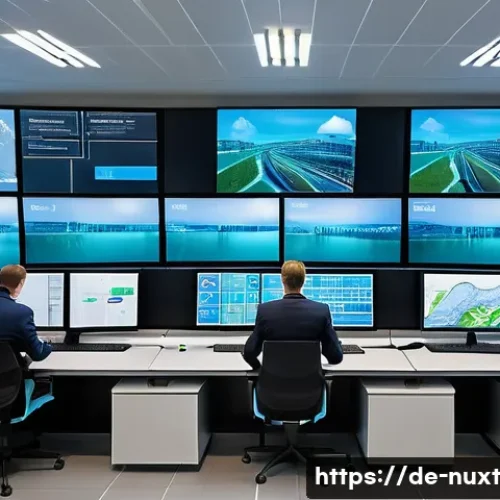 Home 27 통합 수자원 관리의 성공 요인 - A modern water management control room in a German city, featuring large digital screens displaying ...