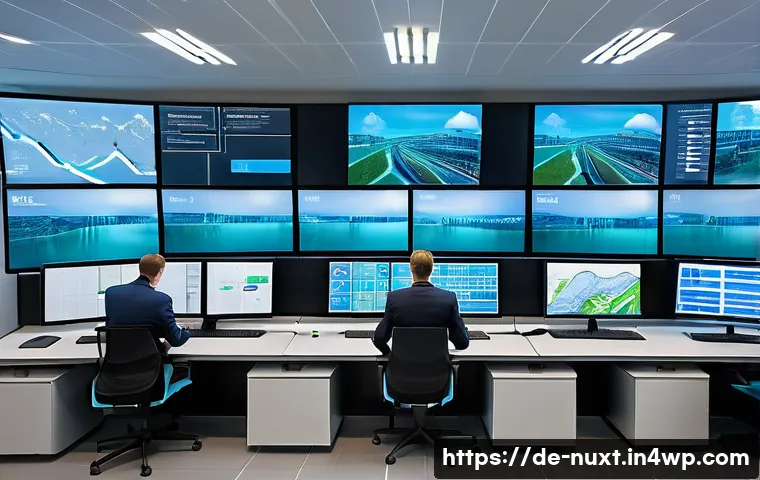 통합 수자원 관리의 성공 요인 - A modern water management control room in a German city, featuring large digital screens displaying ...